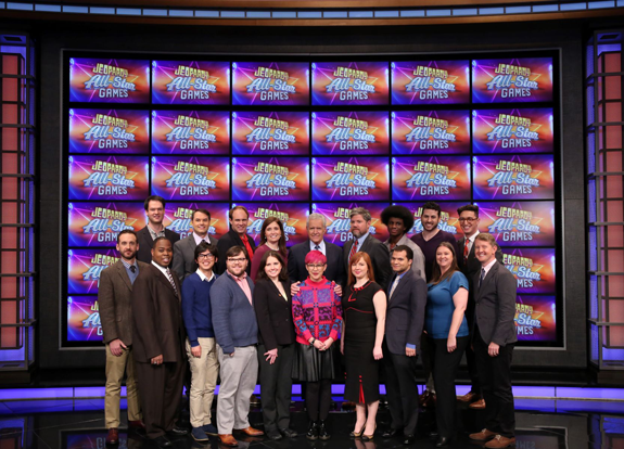 Shown are the all-star `Jeopardy!` contestants with host Alex Tre...